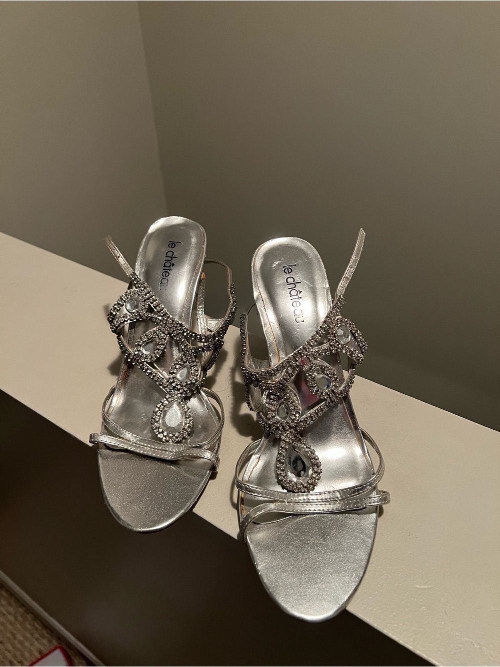 le chateau Silver Jeweled Strappy Heels - Size 11
